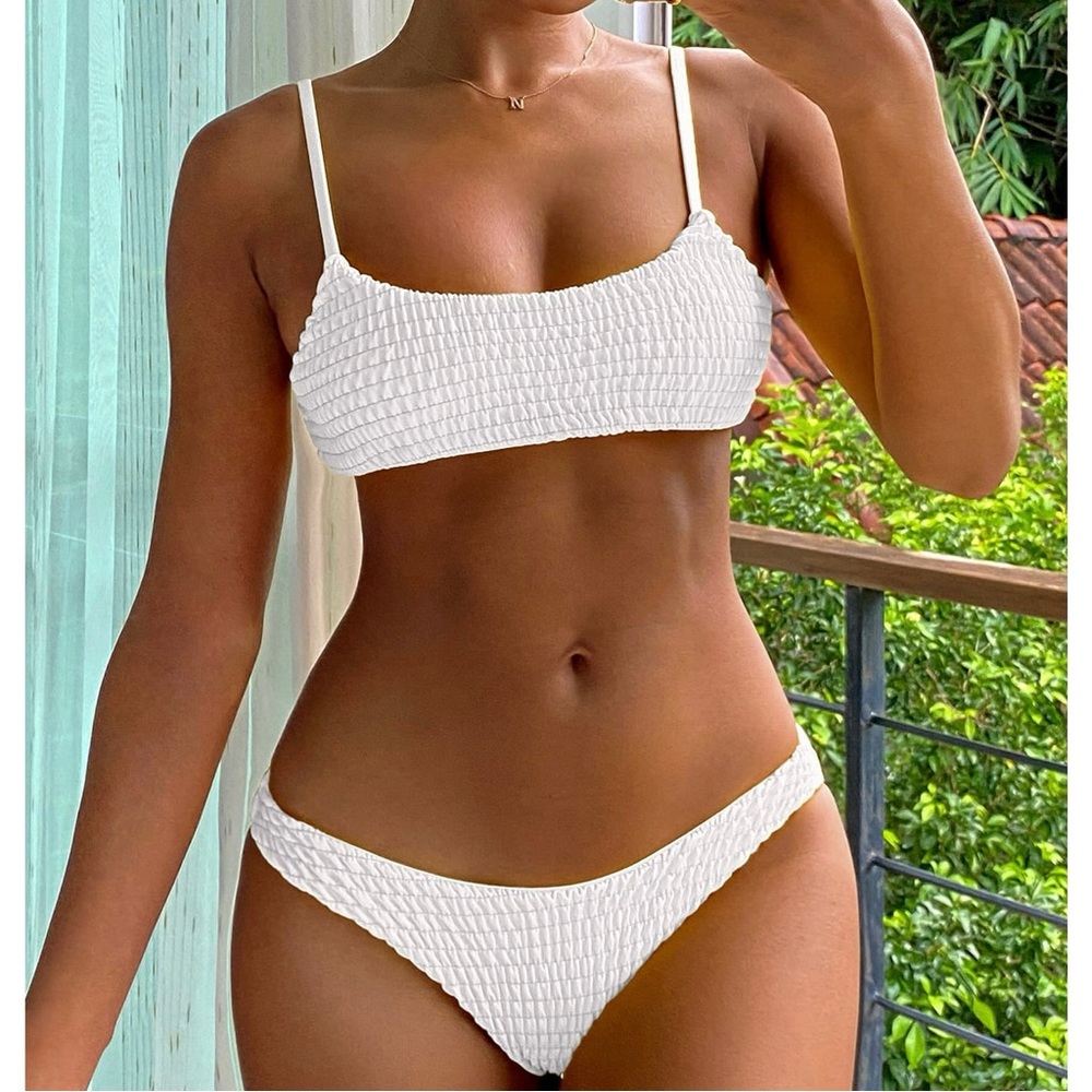 Zaful Women's White Cami‎ Smocked High Cut Bikini Set of 2 Size S Beachy NWT